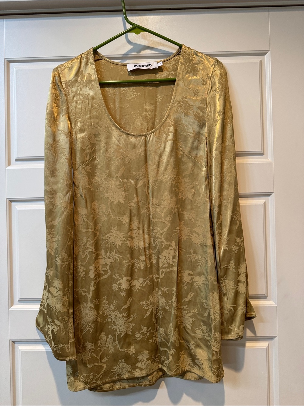 Rumored Gold Floral Scoop-Neck Long Sleeve Satin Dress - SZ: S